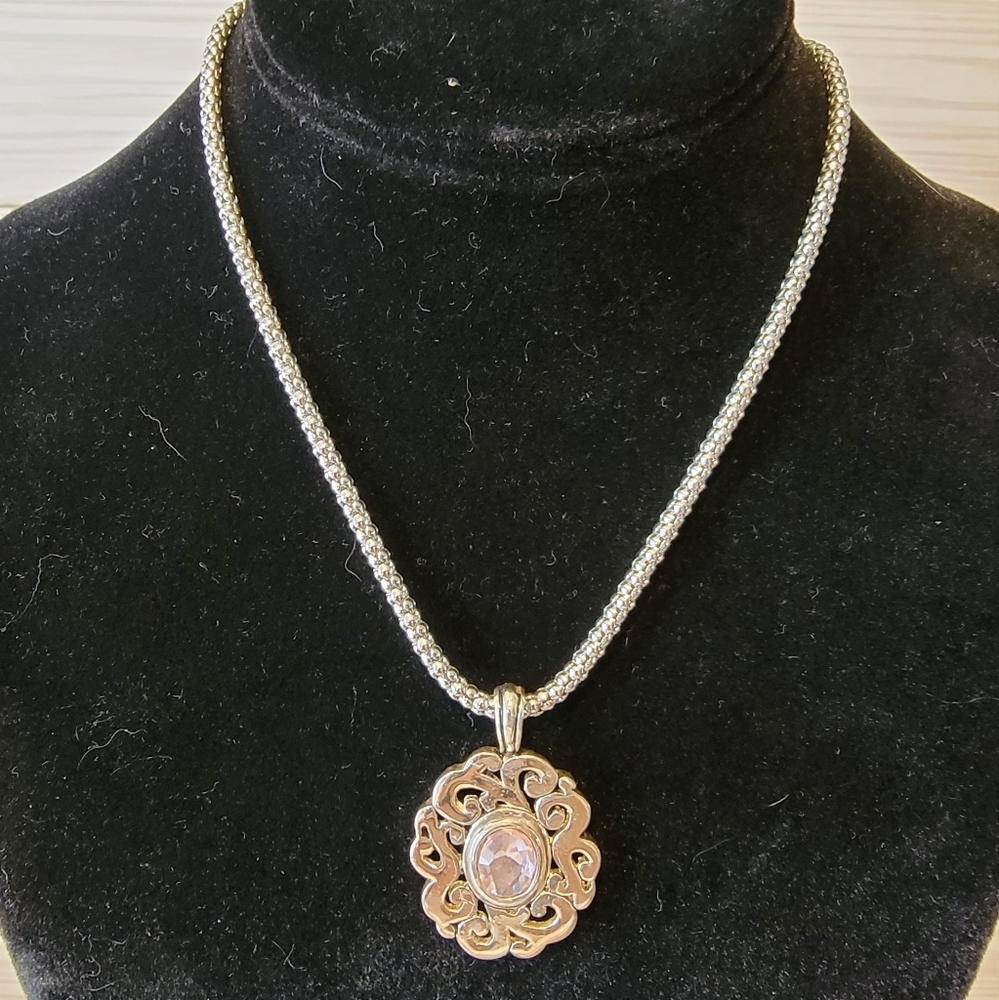 Cookie Lee Pink Rhinestone Ornate Silver Tone Scroll Pendant Necklace